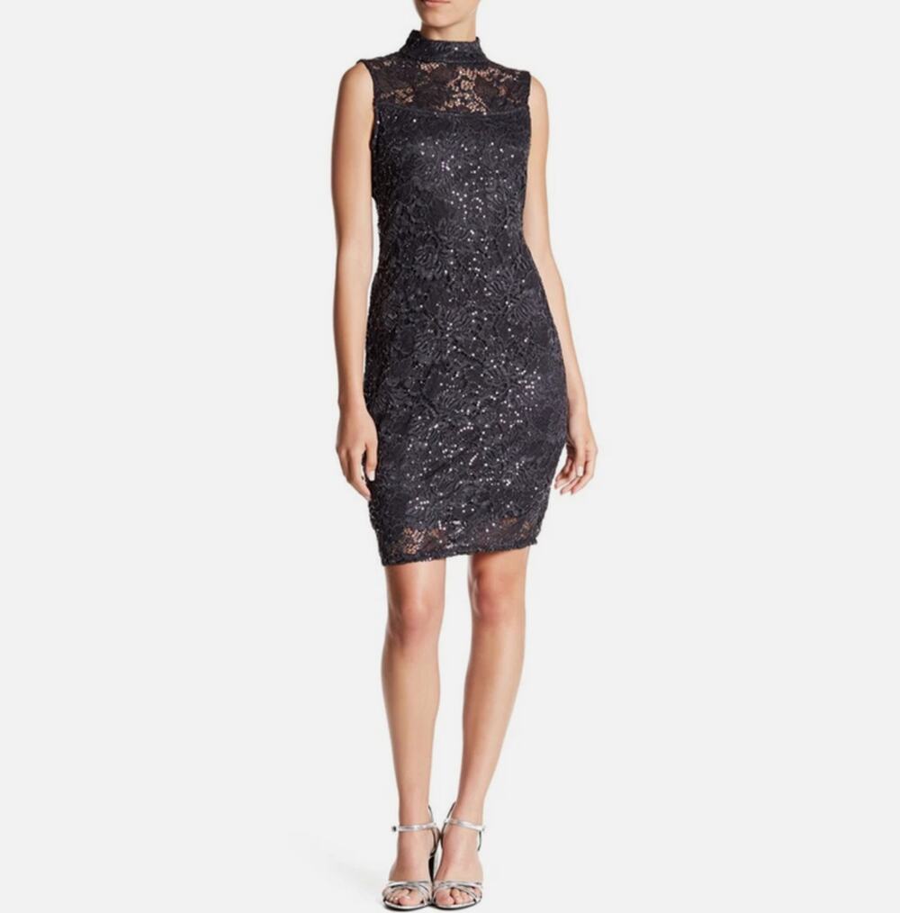 Marina Gunmetal Gray Sequin Lace High Neck Mini Dress Size 4 Embellished Sequin